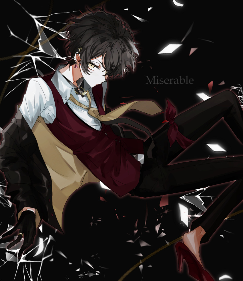 1boy 2you black_background black_hair black_pants closed_mouth dear_vocalist facing_to_the_side highres jjajj long_sleeves looking_at_viewer male_focus necktie pants red_vest shirt short_hair solo vest white_shirt yellow_eyes yellow_necktie