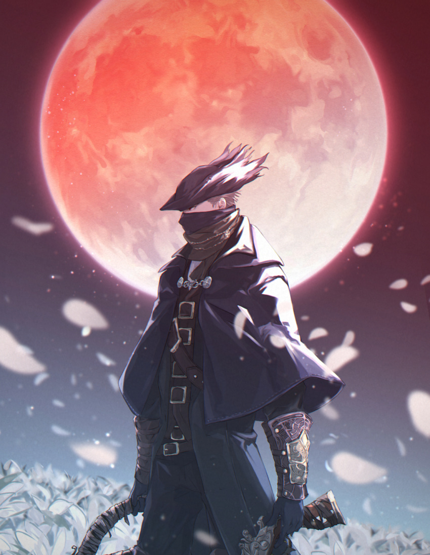 1boy belt bloodborne bracer capelet coat cowboy_shot full_moon gloves grey_hair hat highres holding holding_weapon hunter_(bloodborne) male_focus mask moon mouth_mask night open_clothes open_coat peco_(ppeco0) petals profile red_eyes red_moon scarf solo tricorne weapon