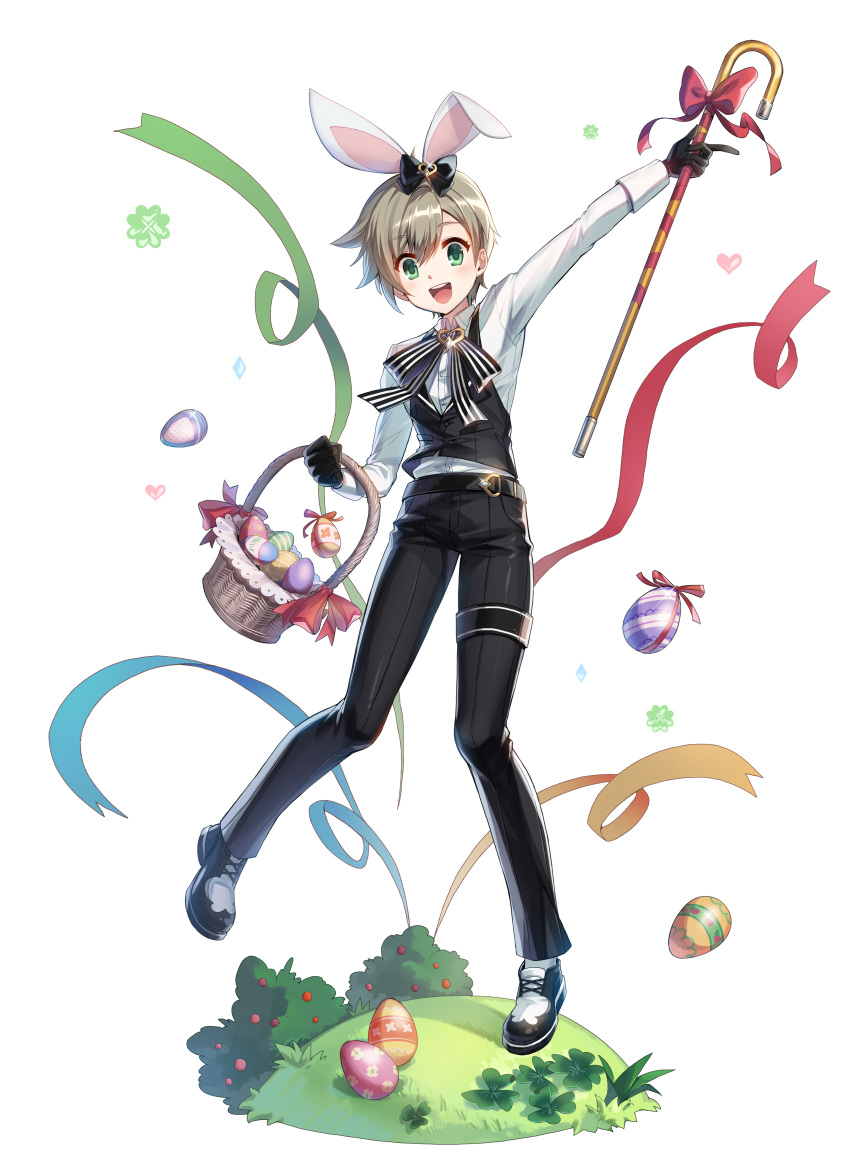 1boy :d absurdres animal_ears arm_up basket belt black_belt black_bow black_footwear black_gloves black_pants black_vest blue_ribbon bow bush cane closers clover collared_shirt crystal easter_egg egg fake_animal_ears foot_up four-leaf_clover gloves green_eyes green_ribbon grey_hair hair_between_eyes hair_bow hand_up heart highres holding holding_basket holding_cane long_sleeves mistilteinn_(closers) neck_ribbon official_art on_grass pants rabbit_ears red_ribbon ribbon shirt short_hair smile solo standing standing_on_one_leg tachi-e teeth thigh_strap upper_teeth_only vest white_background white_shirt yellow_ribbon