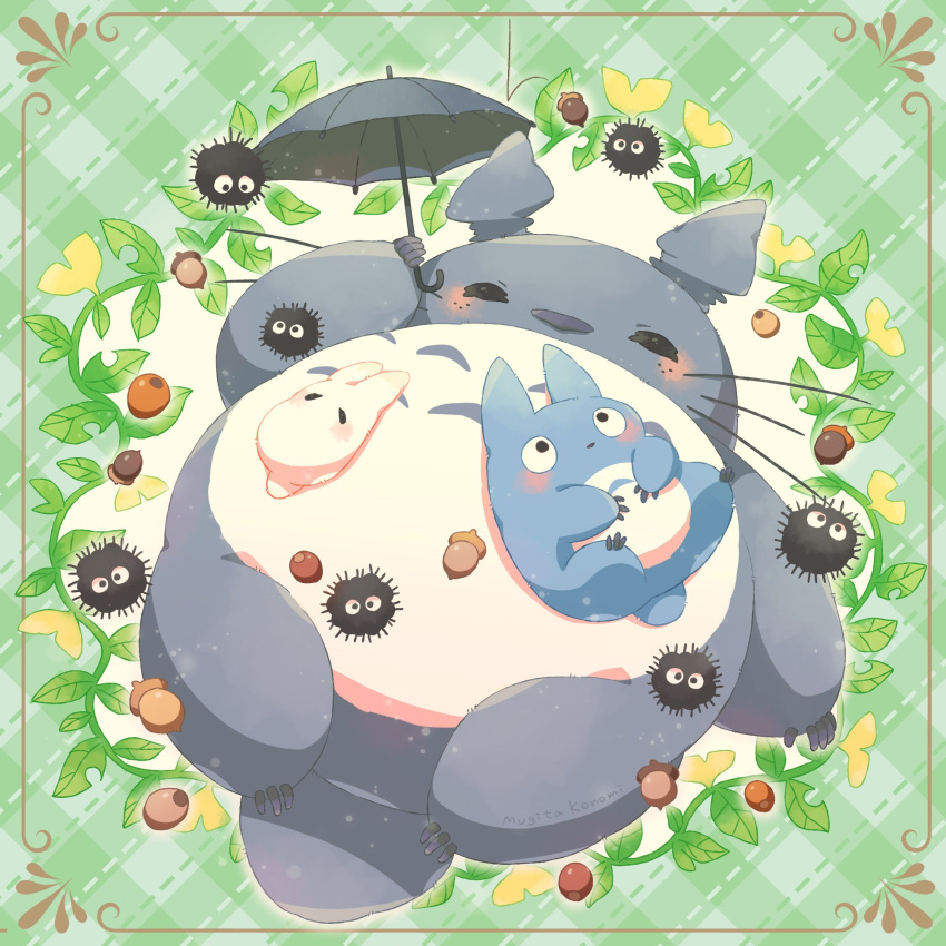 acorn arm_up artist_name black_umbrella blush closed_eyes commentary_request flower framed full_body green_background highres holding holding_umbrella leaf lying mugita_konomi no_humans nut_(food) on_back plaid plaid_background plant simple_background studio_ghibli susuwatari tonari_no_totoro totoro umbrella vines yellow_flower