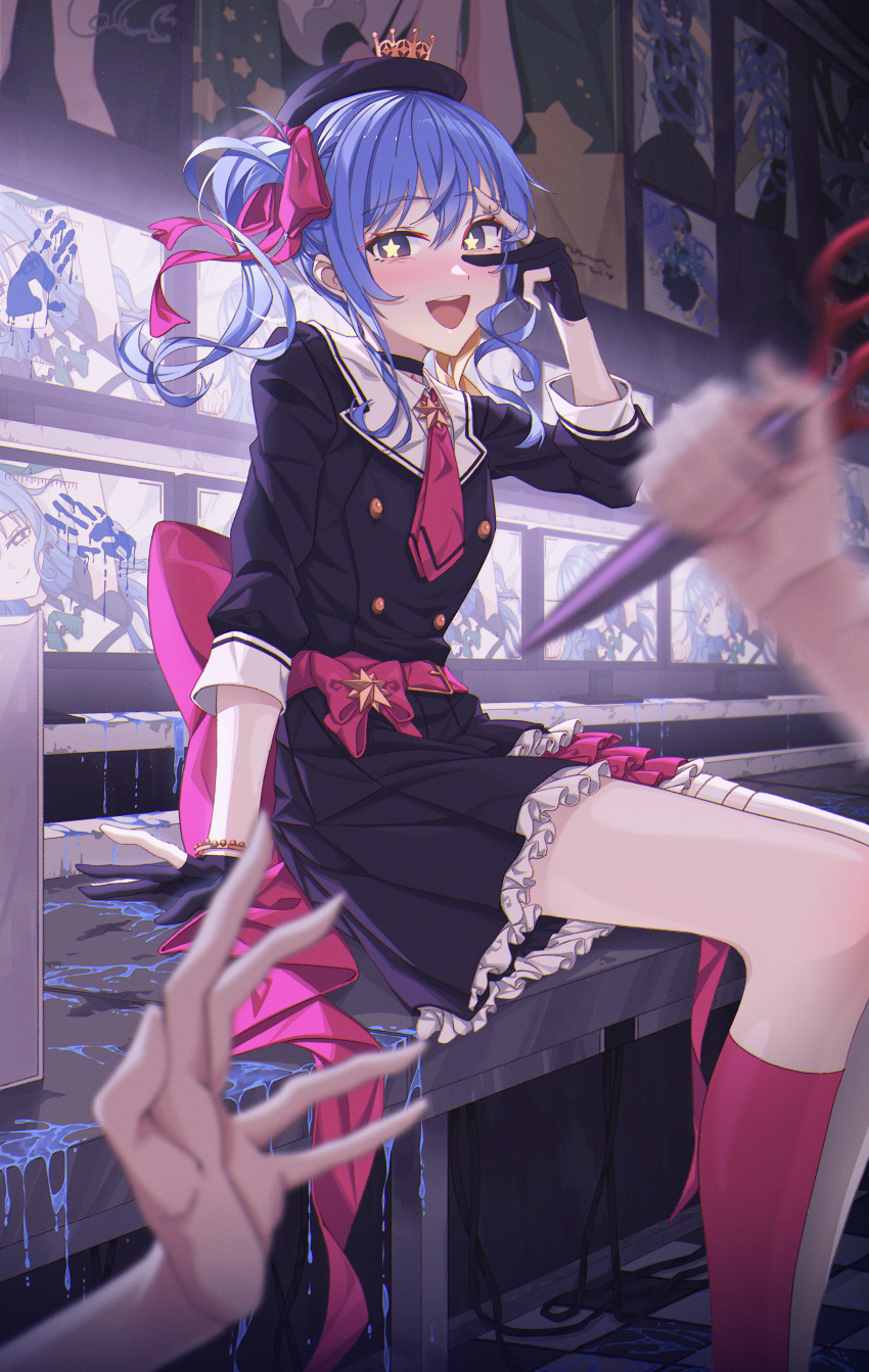 1girl :d absurdres ascot bad_hands beret blood blue_blood blue_eyes blue_hair blush bow crown dress gloves hair_bow handprint hat highres hololive hoshimachi_suisei looking_at_viewer mini_crown monitor partially_fingerless_gloves poster_(object) scissors side_ponytail smile solo_focus star-shaped_pupils star_(symbol) symbol-shaped_pupils v virtual_youtuber yozora_(1wkdgusdn)