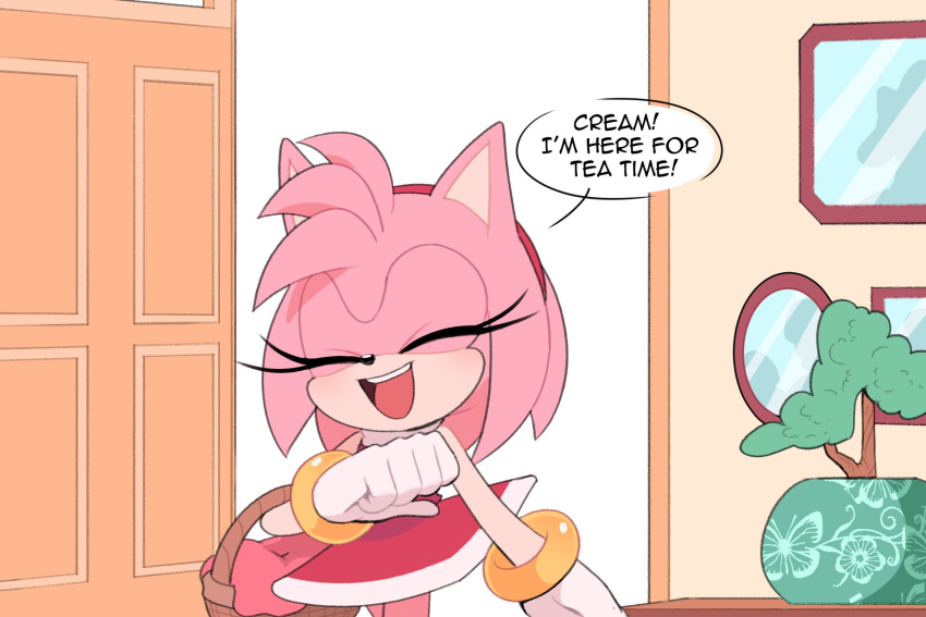 1girl amy_rose basket bracelet closed_eyes dress english_text gloves highres holding holding_basket jewelry open_door open_mouth red_dress smile solo sonic_(series) speech_bubble toonsite white_gloves