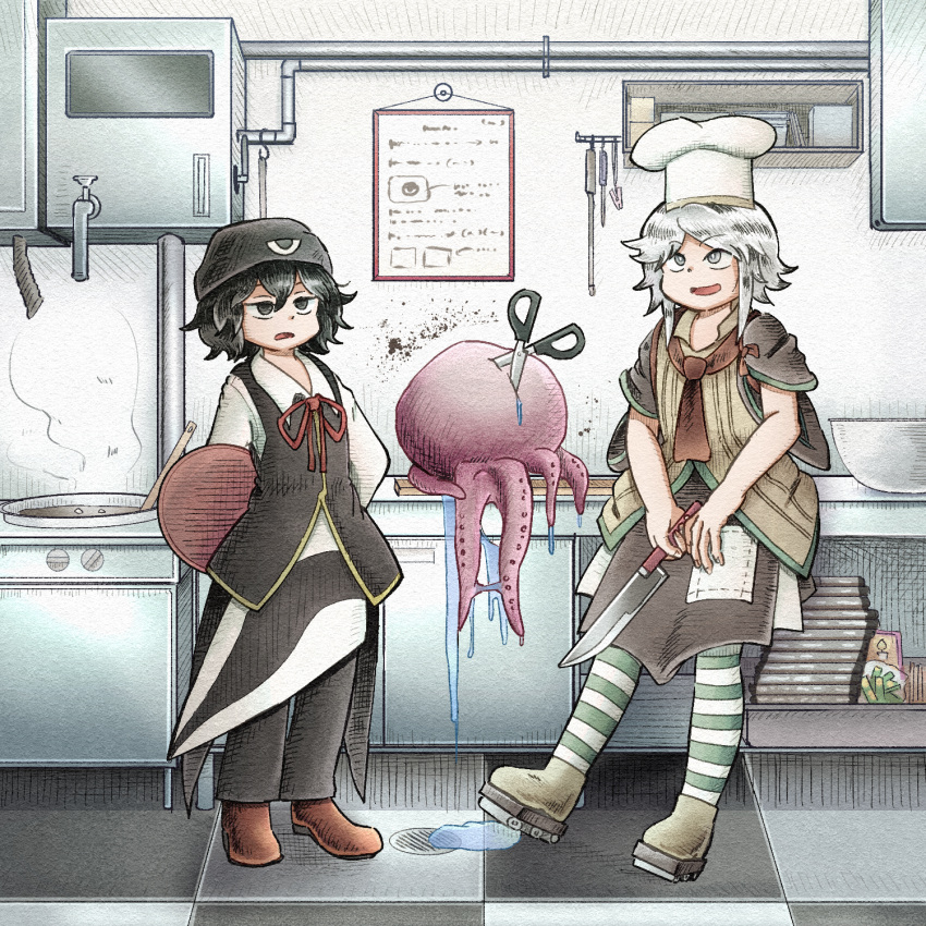 2others androgynous apron black_apron black_eyes black_hair black_headwear black_pants black_vest book_of_the_cafe bright_pupils brown_footwear chef_hat chikafumikou collared_shirt commentary_request enraku_tsubakura grey_eyes grey_hair hat highres holding holding_knife houlen_yabusame indoors kitchen kitchen_knife knife len'en long_sleeves multiple_others neck_ribbon open_mouth other_focus pants pantyhose red_ribbon ribbon roller_skates scissors shirt shoes short_hair short_sleeves skates smile striped striped_pantyhose tile_floor tiles vest white_headwear white_pupils white_shirt yellow_footwear yellow_shirt