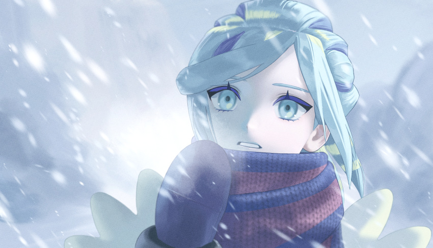 1boy breath commentary_request day eyelashes green_eyes green_hair grusha_(pokemon) hand_up highres jacket kirara_(kiraronpa) male_focus mittens outdoors parted_lips pokemon pokemon_(game) pokemon_sv scarf snowing solo striped striped_scarf