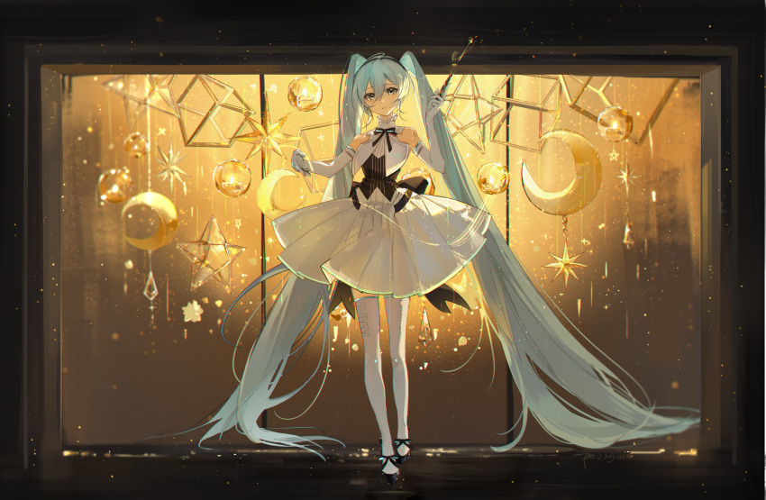 1girl aqua_hair bangs baton_(conducting) black_bow black_bowtie black_footwear bow bowtie dress full_body geshi_era gloves hair_between_eyes hatsune_miku high_collar highres holding holding_wand long_hair looking_at_viewer moon_(ornament) signature sleeveless sleeveless_dress solo standing star_ornament thigh-highs twintails very_long_hair vocaloid wand white_gloves zettai_ryouiki