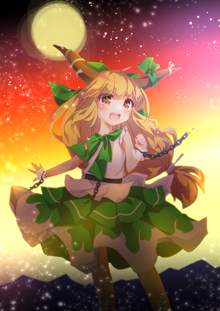 1girl :d absurdres alternate_costume bangs brown_eyes brown_hair commentary_request commission cuffs enjoy_mix feet_out_of_frame full_moon gradient_sky green_skirt highres horns ibuki_suika light_particles long_hair looking_at_viewer moon multiple_sources open_mouth shackles shirt skeb_commission skirt sky smile solo standing touhou touhou_hisoutensoku white_shirt wrist_cuffs