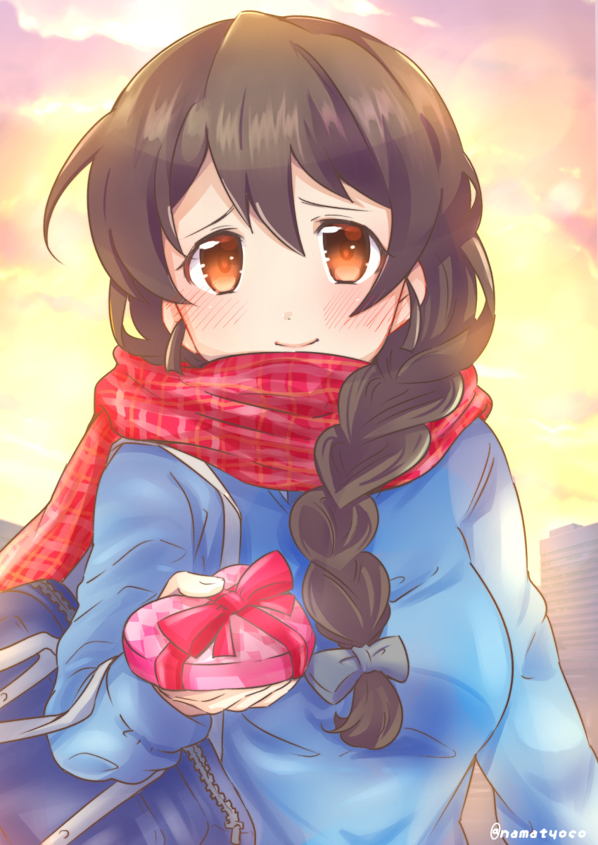 1girl backlighting bag bangs blue_ribbon blue_sweater blush box braid braided_ponytail brown_eyes brown_hair closed_mouth commentary gift girls_und_panzer giving hair_over_shoulder hair_ribbon heart-shaped_box highres holding holding_gift long_hair long_sleeves looking_at_viewer namatyoco outdoors plaid plaid_scarf red_scarf ribbon rukuriri_(girls_und_panzer) scarf school_bag school_uniform single_braid smile solo st._gloriana's_school_uniform sweater twilight twitter_username valentine