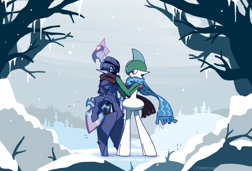 artist_name bare_tree blue_scarf brown_eyes ceruledge eye_contact gallade grey_sky highres icicle lizardotaku looking_at_another outdoors pokemon pokemon_(creature) scarf sneasel snow standing tree violet_eyes winter