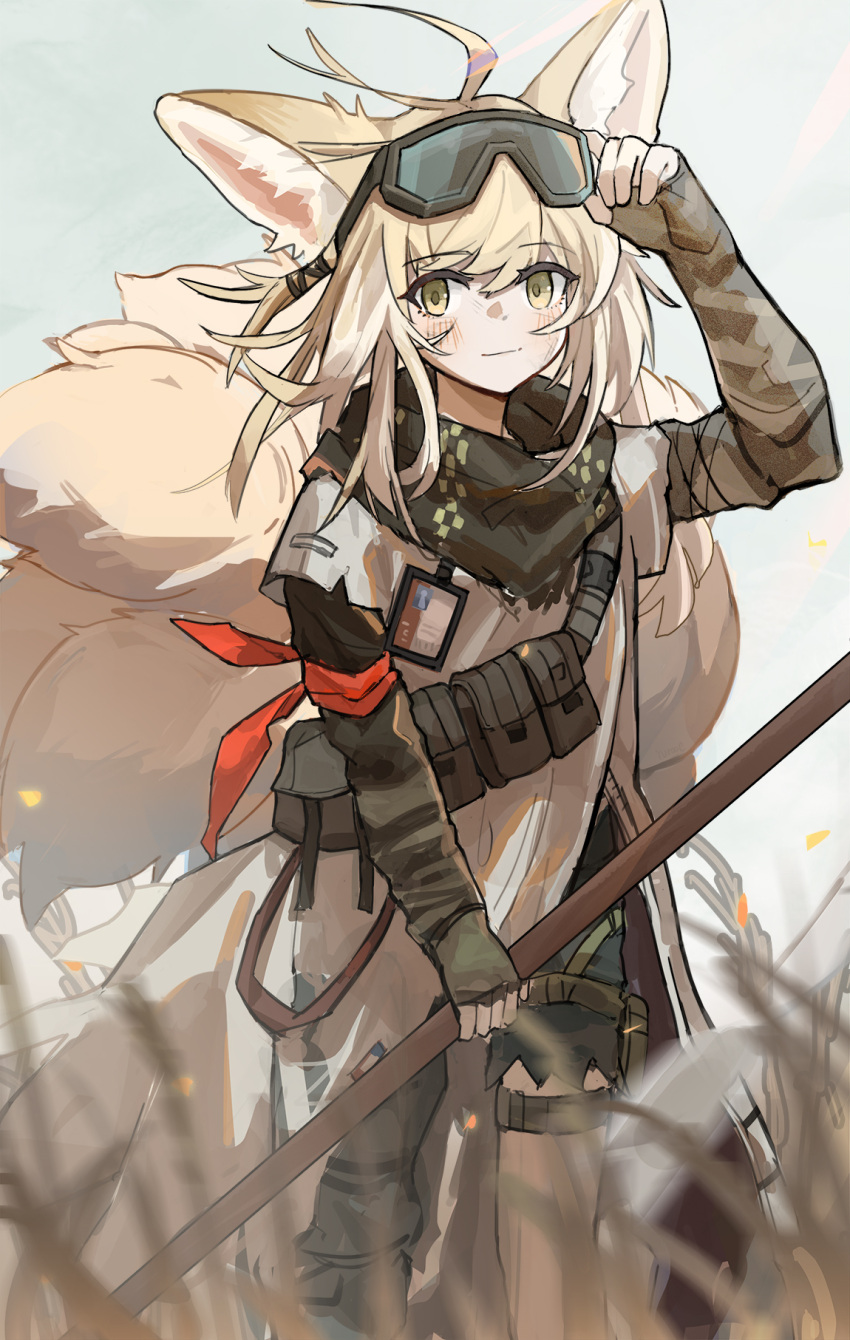 1girl adjusting_eyewear animal_ears arknights asymmetrical_legwear bangs blonde_hair blush closed_mouth fingerless_gloves fox_ears fox_girl fox_tail gloves goggles goggles_on_head green_eyes hand_up highres holding holding_staff layered_sleeves long_hair long_sleeves looking_at_viewer multiple_tails neckerchief red_neckerchief scarf short_sleeves smile solo staff suzuran_(arknights) suzuran_(lostlands_flowering)_(arknights) tail torn_clothes yurooe