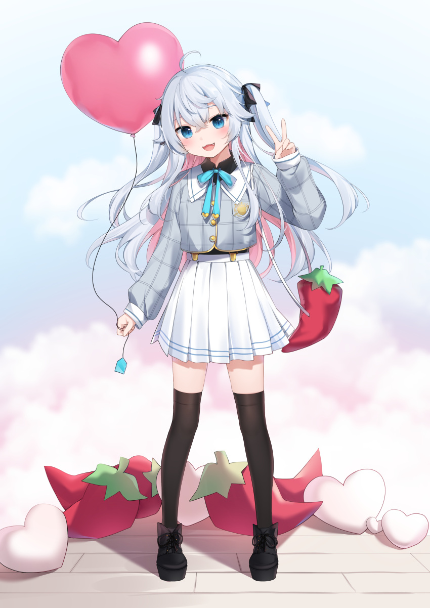 1girl :d absurdres amashiro_natsuki bag balloon bangs black_bow black_footwear black_shirt black_thighhighs blue_bow blue_eyes blush bow chili_pepper collared_shirt commentary_request fang full_body grey_hair grey_jacket hair_between_eyes hair_bow hand_up head_tilt heart_balloon highres holding holding_balloon indie_virtual_youtuber jacket kagura_nana long_hair long_sleeves looking_at_viewer multicolored_hair pink_hair pleated_skirt puffy_long_sleeves puffy_sleeves shirt shoes shoulder_bag skirt sleeves_past_wrists smile solo standing thigh-highs two-tone_hair two_side_up v very_long_hair virtual_youtuber white_skirt