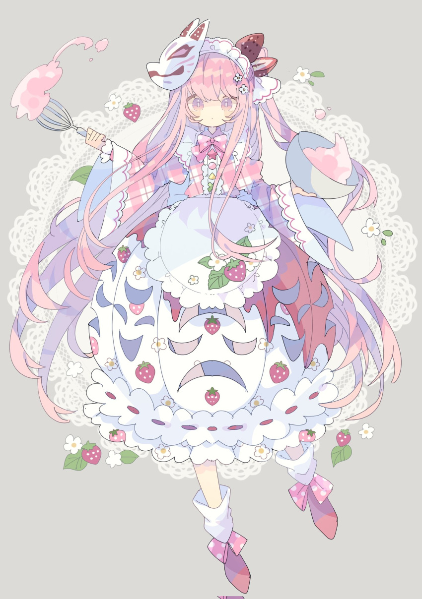 1girl adapted_costume bow bowl bowtie bubble_skirt buttons closed_mouth doily flower food fox_mask fruit full_body grey_background hata_no_kokoro highres holding holding_bowl long_hair long_sleeves looking_at_viewer mask mask_on_head mixing_bowl nikorashi-ka pink_bow pink_bowtie pink_eyes pink_hair pink_shirt pleated_skirt polka_dot polka_dot_bow polka_dot_bowtie red_footwear red_skirt shirt shoes skirt socks solo strawberry touhou white_flower white_skirt white_socks wide_sleeves