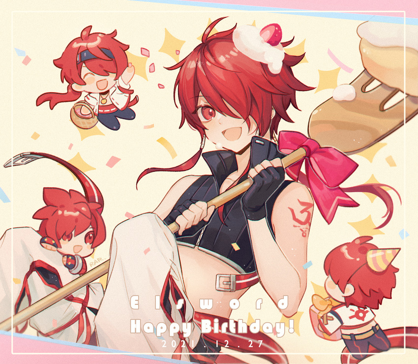 4boys dated elsword elsword_(character) fork happy_birthday highres holding holding_fork knight_(elsword) long_hair looking_at_viewer magic_knight_(elsword) male_focus multiple_boys multiple_persona oversized_food rar_(rmrs1227) red_eyes redhead rune_master_(elsword) rune_slayer_(elsword) short_hair