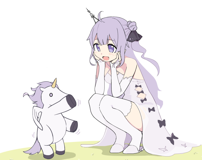 1girl absurdres azur_lane bangs bare_shoulders black_ribbon dancing detached_sleeves dress elbow_rest haruiroto head_rest highres long_hair long_sleeves open_mouth purple_hair ribbon see-through see-through_dress simple_background smile squatting stuffed_winged_unicorn thigh-highs thighs unicorn_(azur_lane) violet_eyes white_dress white_thighhighs wings