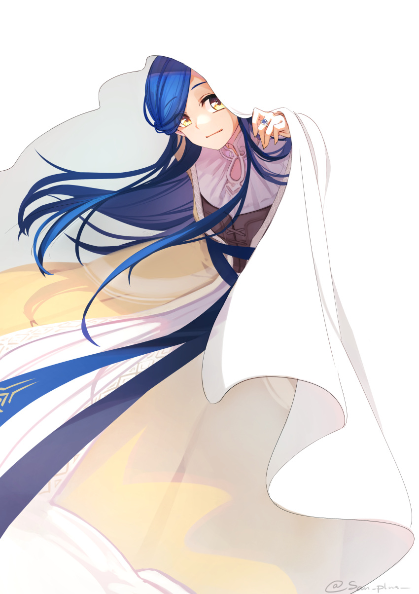1girl absurdres blue_hair bustier closed_mouth dress floating_hair highres honzuki_no_gekokujou jewelry long_hair looking_at_viewer maine_(honzuki_no_gekokujou) ring san+ smile solo very_long_hair white_background white_dress yellow_eyes