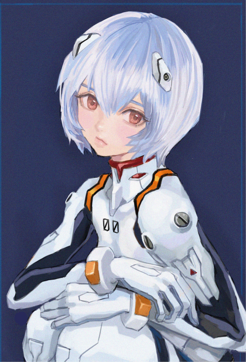 1girl absurdres ayanami_rei bangs blue_hair blush bodysuit commentary hair_between_eyes hair_ornament highres interface_headset lips looking_at_viewer neon_genesis_evangelion plugsuit red_eyes shiren_(ourboy83) short_hair simple_background solo white_bodysuit