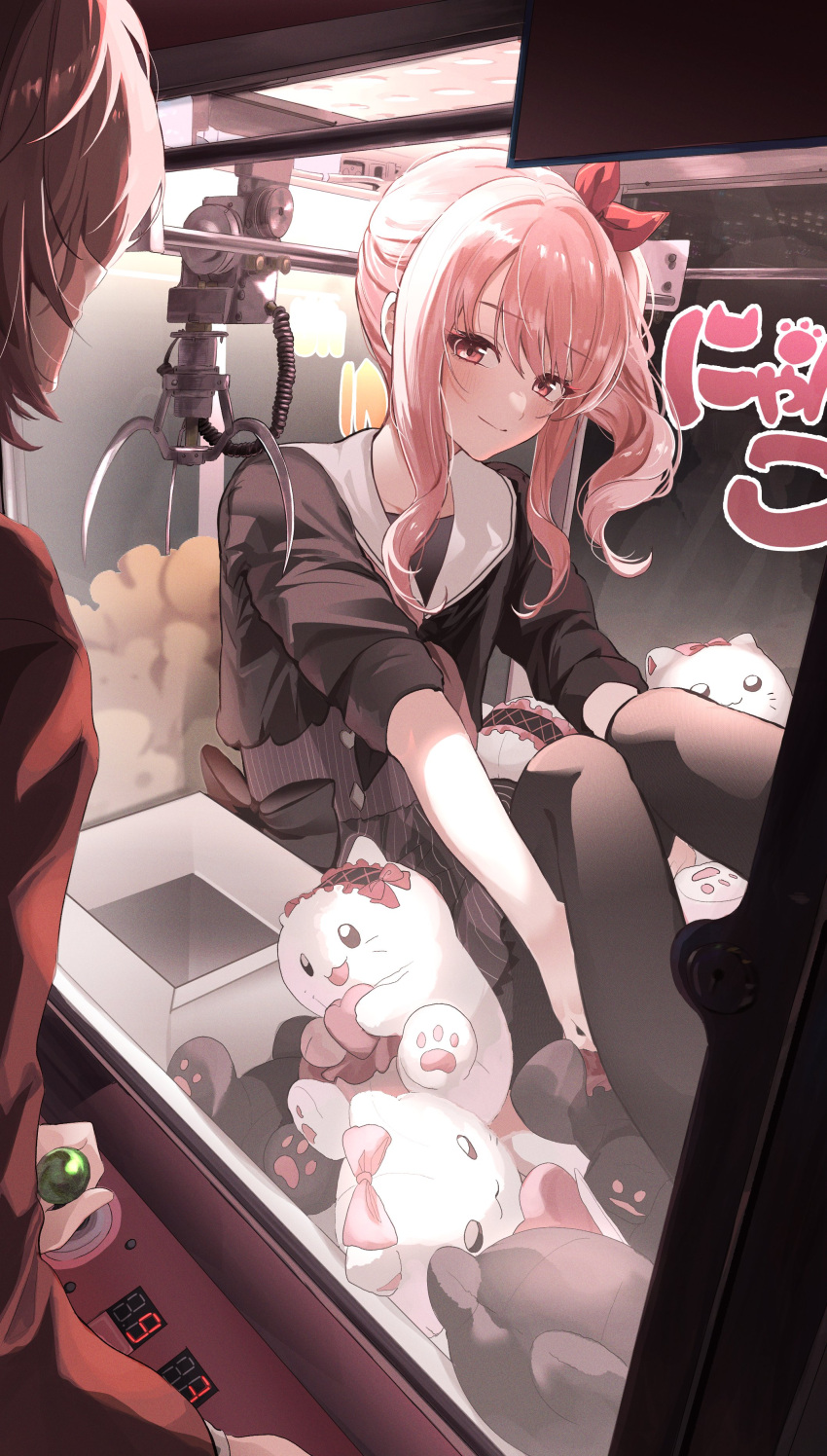 1other absurdres akiyama_mizuki androgynous black_pantyhose bow drill_hair highres long_hair looking_at_viewer other_focus pantyhose pink_eyes pink_hair project_sekai red_bow side_drill sitting stuffed_animal stuffed_cat stuffed_toy uparupya