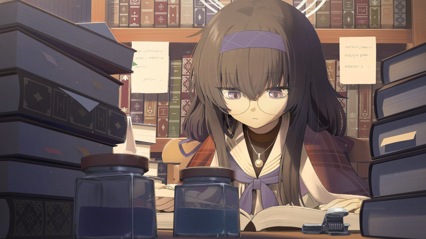1girl bangs black_hair blanket blue_archive blue_hairband blue_neckerchief book book_stack bookshelf chair closed_mouth commentary desk glasses hairband halo highres ink_bottle jewelry long_hair neckerchief necklace open_book reading round_eyewear sailor_collar school_uniform serafuku sitting solo sticky_note ui_(blue_archive) upper_body violet_eyes wasabi60 white_sailor_collar