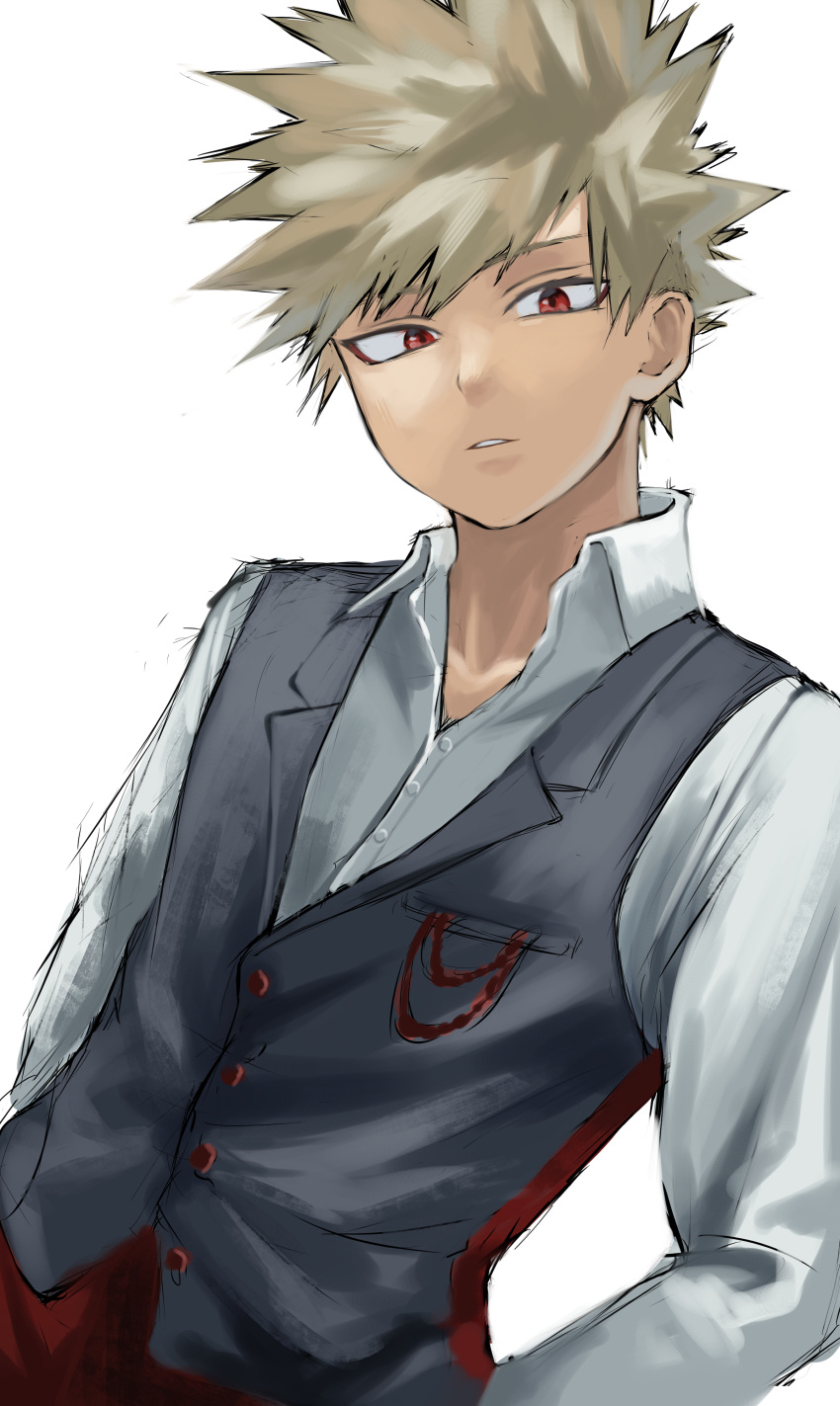 1boy absurdres black_vest blonde_hair boku_no_hero_academia collared_shirt fengling_(furin-jp) formal hands_in_pockets highres looking_at_viewer male_focus multicolored_vest official_alternate_costume parted_lips red_eyes red_vest shirt short_hair simple_background solo spiky_hair vest white_background white_shirt