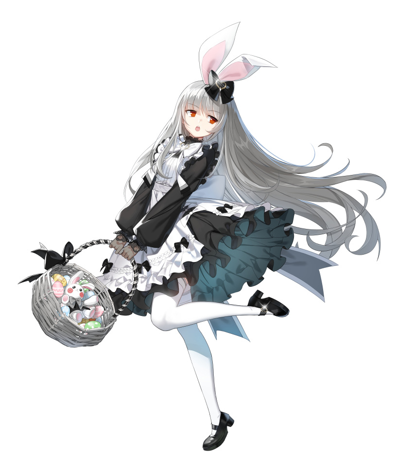 1girl :o absurdres animal_ears apron back_bow basket black_bow black_dress black_footwear bow closers dress easter_egg egg fake_animal_ears foot_up frilled_apron frilled_dress frills from_side full_body gloves grey_gloves grey_hair hair_bow highres holding holding_basket long_hair long_sleeves looking_to_the_side mary_janes official_art puffy_long_sleeves puffy_sleeves rabbit_ears red_eyes shoes short_dress solo standing standing_on_one_leg stuffed_animal stuffed_bunny stuffed_toy tachi-e teeth thigh-highs tina_(closers) upper_teeth_only v-shaped_eyebrows very_long_hair white_apron white_background white_bow white_thighhighs
