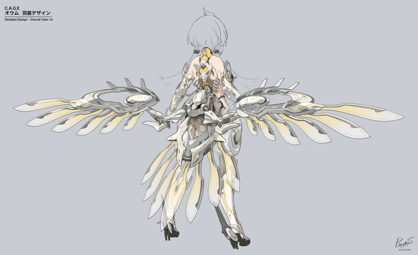 1girl arms_at_sides commentary_request elbow_gloves from_behind full_body gloves grey_background high_heels highres leotard low_wings mecha_musume mechanical_wings original pinakes reference_sheet signature solo standing thigh-highs wings