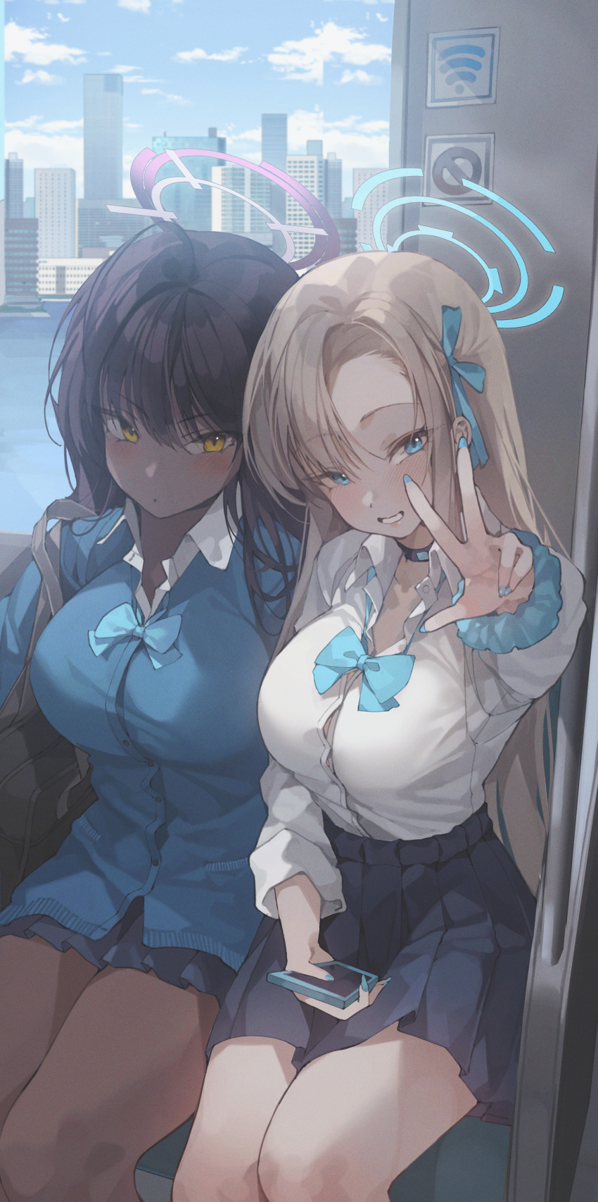 2girls absurdres asuna_(blue_archive) bangs black_choker black_hair blonde_hair blue_archive blue_bow blue_eyes blue_nails blue_shirt blue_skirt blue_sky bow bowtie breasts building cellphone choker cityscape closed_mouth clouds collared_shirt day hair_bow halo highres holding holding_phone indoors karin_(blue_archive) lake large_breasts long_hair long_sleeves looking_at_viewer multiple_girls open_collar open_mouth parted_bangs patch_oxxo phone pleated_skirt school_uniform shirt sidelocks sitting skirt sky skyscraper smartphone smile teeth train_interior v window yellow_eyes