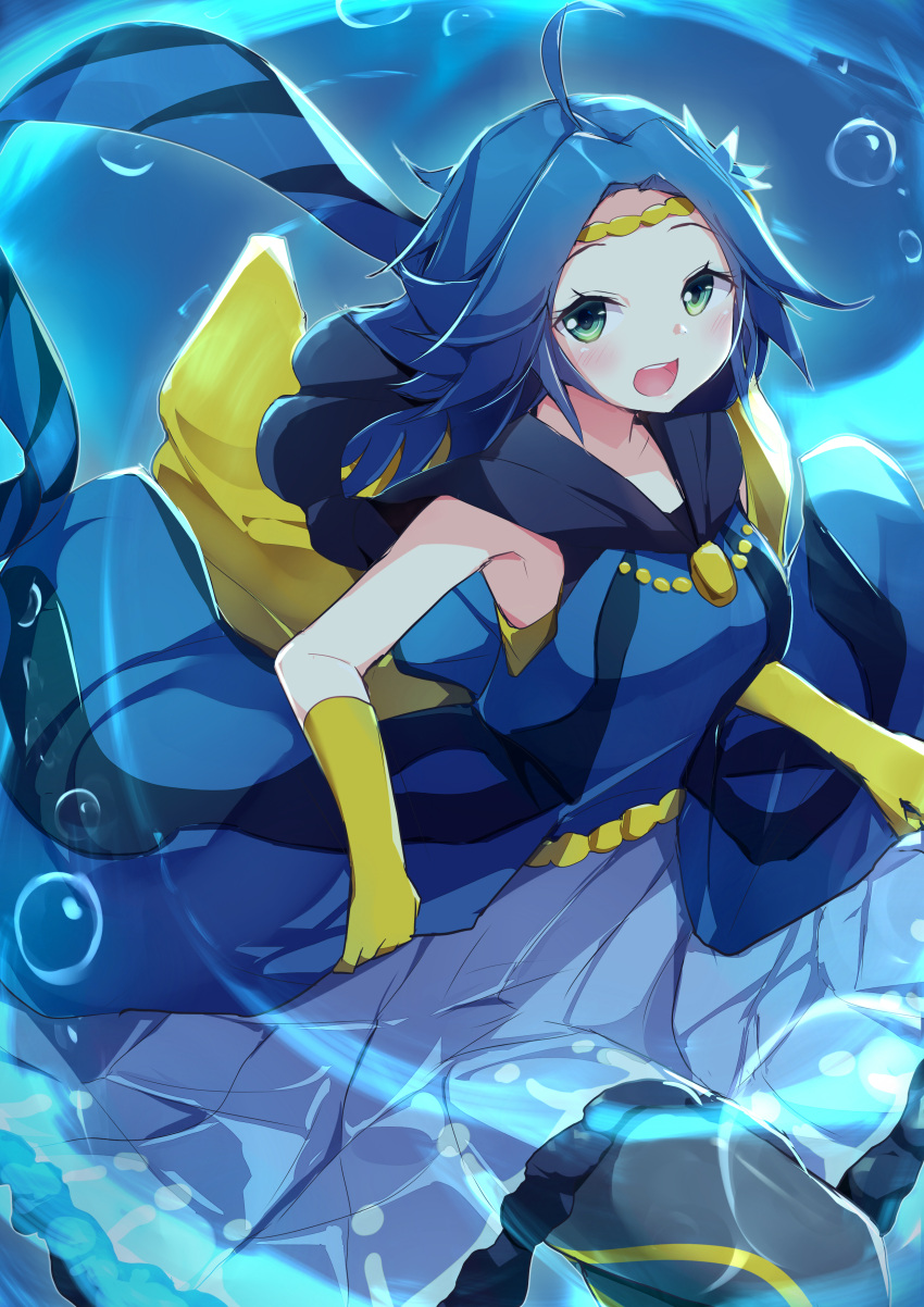 1girl absurdres ahoge armpits blue_hair blush bubble duel_monster gloves green_eyes highres jewelry kanzakietc long_hair looking_at_viewer marincess_blue_tang necklace open_mouth underwater yellow_gloves yu-gi-oh!