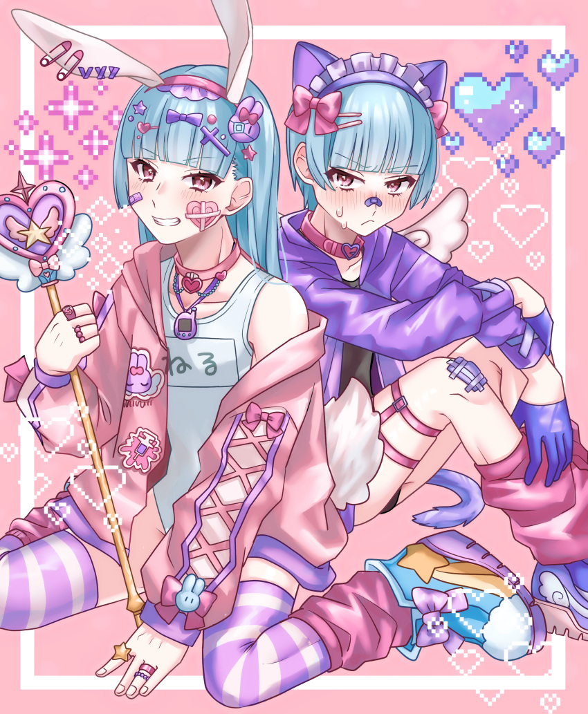 2boys absurdres androgynous animal_ears bishounen blue_hair blush bow cat_ears cat_tail choker cross cross_hair_ornament crossdressing extra_ears fake_animal_ears gloves hair_bow hair_ornament hairclip heart heart_hair_ornament highres holding holding_staff jacket jewelry latin_cross long_hair long_sleeves looking_at_viewer maid_headdress male_playboy_bunny manekinekoko777 medium_hair multiple_boys multiple_rings one-piece_swimsuit open_clothes open_jacket original otoko_no_ko pink_bow pink_eyes puffy_long_sleeves puffy_sleeves purple_gloves purple_thighhighs rabbit_ears rabbit_hair_ornament rabbit_tail ring school_swimsuit smile staff striped striped_thighhighs swimsuit tail tamagotchi thigh-highs wand white_one-piece_swimsuit