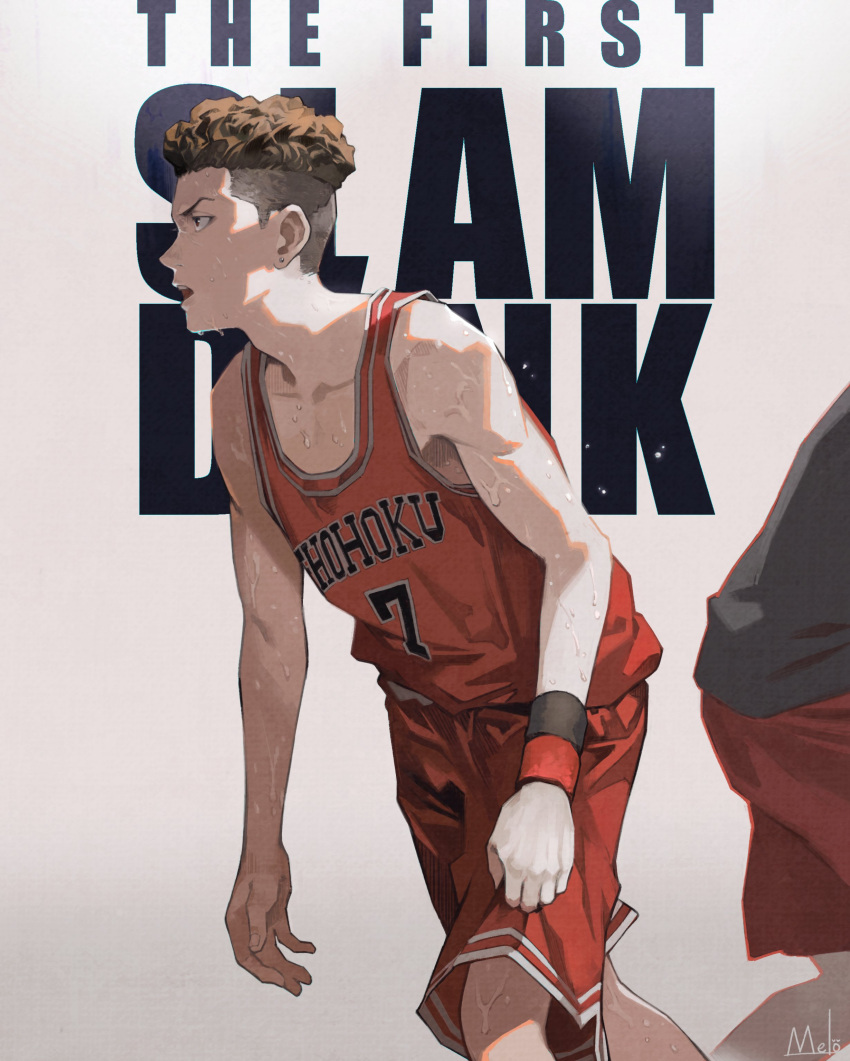 2boys absurdres artist_name bare_shoulders basketball_jersey basketball_uniform black_wristband brown_eyes brown_hair collarbone commentary copyright_name earrings grey_shirt highres jewelry kyuuba_melo male_focus miyagi_ryouta multiple_boys open_mouth pompadour profile red_shirt red_shorts red_wristband shirt short_hair shorts simple_background slam_dunk_(series) sleeveless sleeveless_shirt solo_focus sportswear standing stud_earrings sweat teeth undercut upper_teeth_only v-shaped_eyebrows white_background wristband