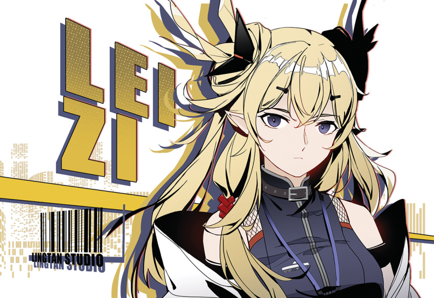 1girl arknights barcode bare_shoulders black_shirt blonde_hair blue_eyes breasts character_name closed_mouth double_bun hair_bun horns jacknavy leizi_(arknights) long_hair medium_breasts off_shoulder open_clothes shirt solo upper_body