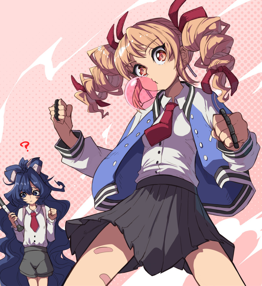 2girls baseball_bat black_skirt blue_bow blue_eyes blue_hair blue_jacket bow brass_knuckles brown_eyes chewing_gum clenched_hands closed_mouth collared_shirt cosplay drill_hair hair_between_eyes hair_bow highres holding holding_baseball_bat jacket kunio-kun_series kyoko_(kunio-kun) kyoko_(kunio-kun)_(cosplay) light_brown_hair long_hair long_sleeves misako_(kunio-kun) misako_(kunio-kun)_(cosplay) multiple_girls necktie open_clothes open_jacket pleated_skirt red_necktie revision river_city_girls shirt siblings sisters skirt syope touhou twin_drills twintails weapon white_shirt yorigami_jo'on yorigami_shion