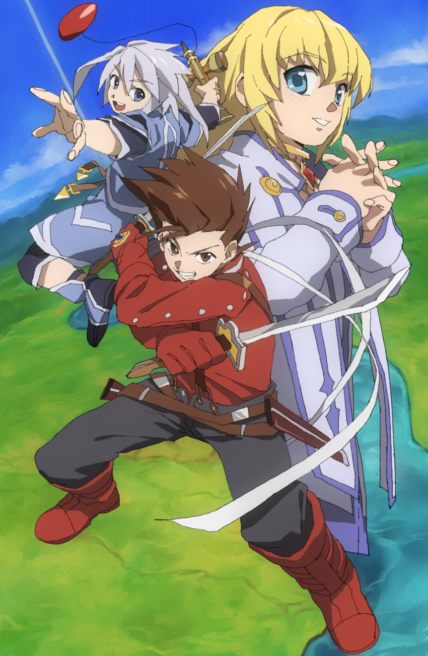 1girl 2boys bangs blonde_hair blue_eyes boots brown_eyes brown_hair choker colette_brunel dress dual_wielding field genis_sage gloves grin hair_between_eyes highres holding jewelry kendama lloyd_irving long_hair looking_at_viewer multiple_boys open_mouth own_hands_clasped own_hands_together red_shirt river sheath shino_(2919) shirt short_hair smile sword tales_of_(series) tales_of_symphonia weapon white_hair