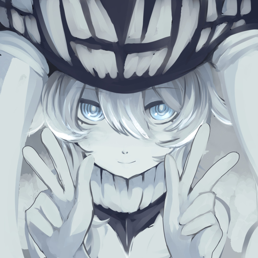 1girl abyssal_ship blue_eyes close-up colored_skin double_v glowing glowing_eyes hair_between_eyes hat headgear highres kantai_collection looking_at_viewer lsnsn smile solo teeth tentacles v white_skin wo-class_aircraft_carrier