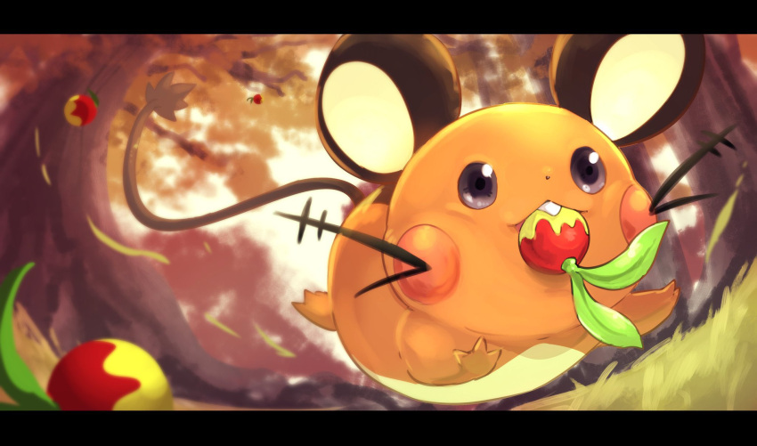 berry berry_(pokemon) commentary_request day dedenne falling_leaves from_below grass grey_eyes highres leaf leppa_berry mouth_hold no_humans outdoors pokemon pokemon_(creature) roncha_(shumokumoku) solo tree