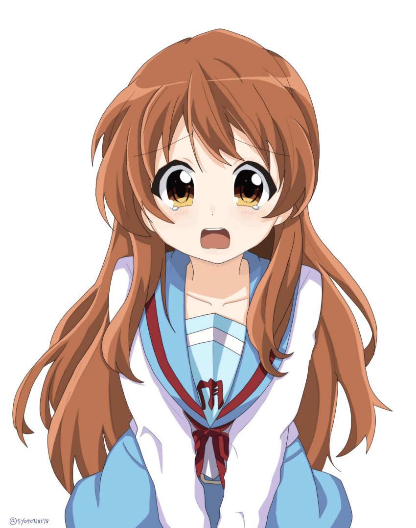 1girl artist_name asahina_mikuru bangs blue_sailor_collar blue_skirt brown_eyes brown_hair collarbone crying crying_with_eyes_open highres kita_high_school_uniform long_hair long_sleeves looking_at_viewer open_mouth pleated_skirt red_ribbon ribbon sailor_collar school_uniform simple_background skirt solo suzumiya_haruhi_no_yuuutsu tears teeth tsukumo_(tsukumo_sos) twitter_username upper_body upper_teeth_only watermark white_background winter_uniform