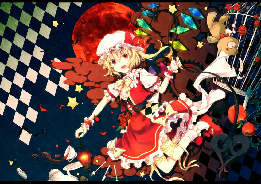 1girl apple argyle argyle_background back_bow bangs bat_(animal) bat_wings black_corset blonde_hair blush bow bow_skirt cage capelet center_frills coin collar commentary_request corset crystal cup fang flandre_scarlet flower food footwear_bow fork frilled_collar frilled_cuffs frilled_skirt frills fruit full_body full_moon gensou_aporo hair_between_eyes hat hat_bow holding holding_lantern laevatein_(touhou) lantern leg_ribbon long_hair looking_at_viewer mob_cap moon multicolored_wings open_mouth plant puffy_short_sleeves puffy_sleeves rainbow_order red_bow red_capelet red_eyes red_flower red_footwear red_moon red_rose red_skirt red_wrist_cuffs revision ribbon rose shirt short_hair short_sleeves side_ponytail skirt smile socks solo spilling star_(symbol) stuffed_animal stuffed_toy tea teacup teddy_bear thigh_ribbon touhou vines white_bow white_headwear white_shirt white_socks wing_collar wings wrist_cuffs yellow_bow yellow_ribbon