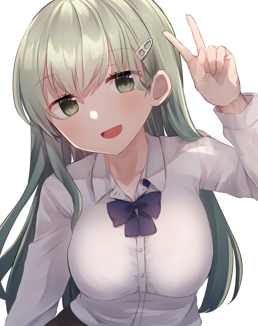 1girl blue_bow blue_bowtie bow bowtie breasts collared_shirt commentary_request commission dress_shirt green_eyes green_hair hair_ornament hairclip highres kantai_collection leaning_forward long_hair medium_breasts official_alternate_costume open_mouth school_uniform shirasumato shirt simple_background skeb_commission smile solo suzuya_(kancolle) upper_body v white_background white_shirt
