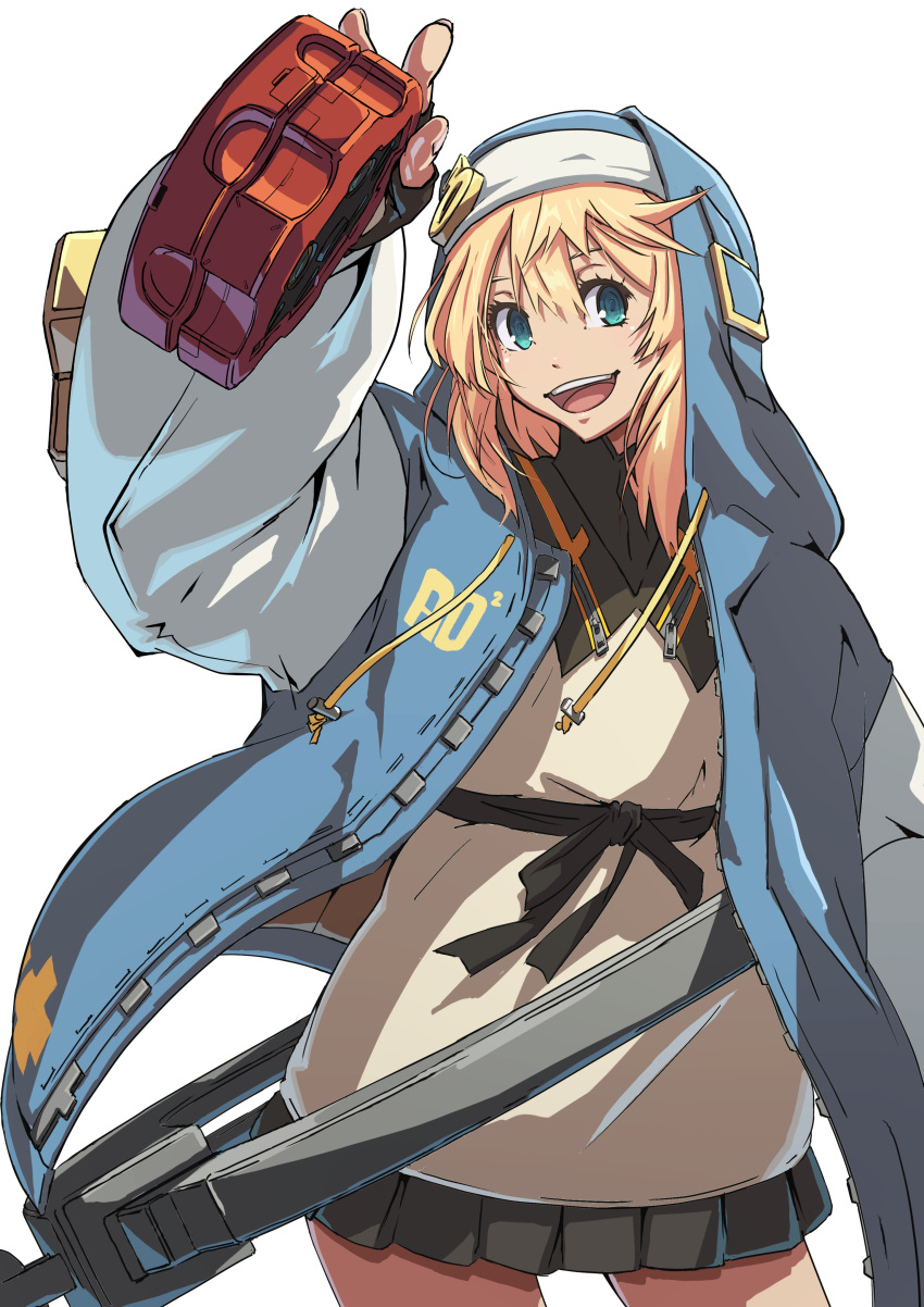 1girl absurdres androgyne_symbol aqua_eyes belt black_belt black_bow black_gloves black_skirt blonde_hair bow bridget_(guilty_gear) cowboy_shot cuffs fingerless_gloves gloves goh_penguins guilty_gear guilty_gear_strive habit handcuffs highres hood hood_up hooded_jacket hoodie jacket looking_at_viewer medium_hair miniskirt open_clothes open_hoodie open_mouth out_of_frame pleated_skirt simple_background skirt white_background yo-yo