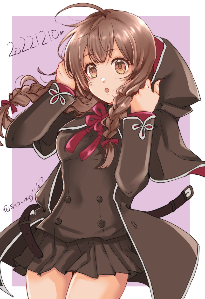 1girl absurdres ahoge black_capelet black_dress braid brown_eyes brown_hair capelet cowboy_shot dated dress hair_between_eyes highres hood hooded_capelet kantai_collection long_hair long_sleeves one-hour_drawing_challenge open_mouth shinshuu_maru_(kancolle) shio_mugi1107 solo twin_braids twitter_username