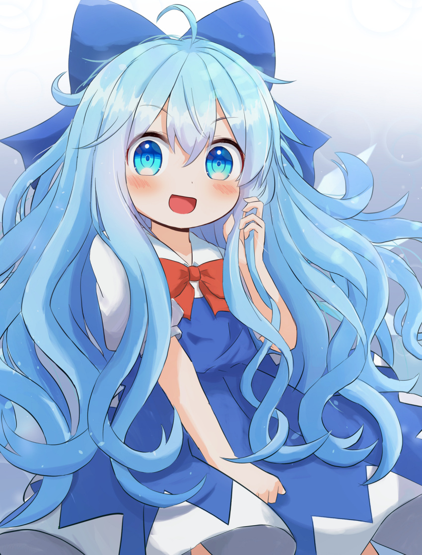 1girl ahoge alternate_hair_length alternate_hairstyle bangs blue_bow blue_dress blue_eyes blue_hair blush bow cirno collared_shirt coruthi dress fairy hair_between_eyes hair_bow highres ice ice_wings long_hair looking_at_viewer open_mouth puffy_short_sleeves puffy_sleeves shirt short_sleeves smile solo touhou white_shirt wings