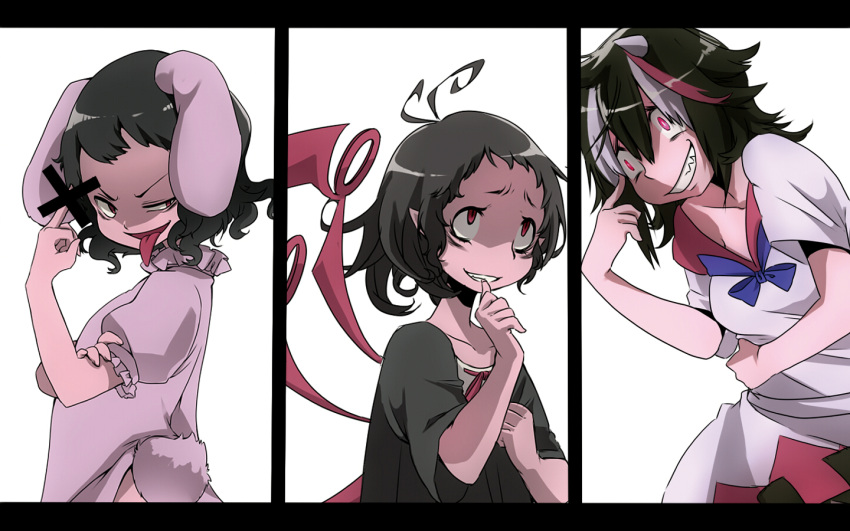 3girls ahoge animal_ears ass asymmetrical_wings biting black_dress black_hair clothes_lift commentary_request crazy_eyes crazy_smile dress dress_lift horns houjuu_nue inaba_tewi kijin_seija looking_at_viewer middle_finger multicolored_hair multiple_girls namauni oni_horns open_mouth pink_dress pointy_ears print_dress puffy_short_sleeves puffy_sleeves rabbit_ears rabbit_girl rabbit_tail red_eyes shaded_face short_sleeves smile streaked_hair tail thumb_biting tongue tongue_out touhou underwear uneven_eyes wings