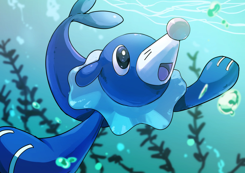 :d absurdres air_bubble black_eyes blurry blurry_background bright_pupils bubble commentary_request highres looking_up no_humans open_mouth pokemon pokemon_(creature) popplio roncha_(shumokumoku) smile solo tongue underwater white_pupils