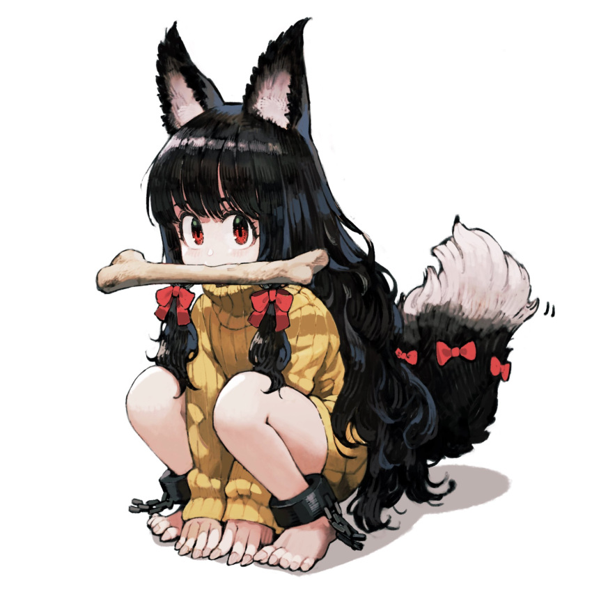 1girl all_fours animal_ear_fluff animal_ears barefoot black_hair bone bow chain commentary cuffs fingernails hair_bow highres jun_(seojh1029) knit_sweater long_hair looking_at_viewer messy_hair original red_eyes shackles sharp_fingernails sharp_toenails solo squatting symbol-only_commentary tail tail_bow tail_ornament toenails white_background wolf_ears wolf_girl wolf_tail