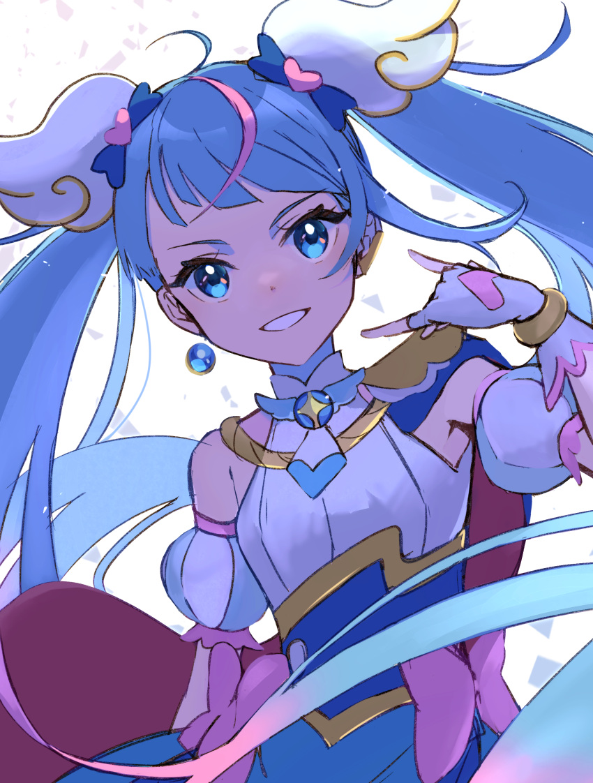 1girl absurdres ahoge blue_eyes blue_hair brooch cape cure_sky detached_sleeves earrings fingerless_gloves gloves grin highres hirogaru_sky!_precure jewelry looking_at_viewer magical_girl nolmikan precure puffy_detached_sleeves puffy_sleeves single_earring single_sidelock smile solo sora_harewataru twintails two-sided_cape two-sided_fabric white_gloves wing_brooch wing_hair_ornament