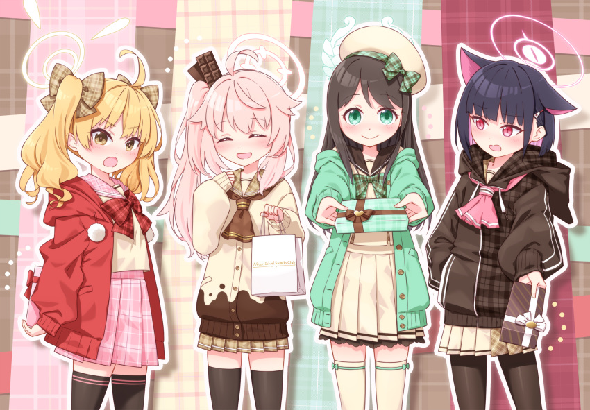 4girls :d ^_^ ahoge airi_(blue_archive) bag bangs beret black_hair black_jacket black_sailor_collar black_thighhighs blonde_hair blue_archive blush bow box brown_bow brown_eyes brown_headwear brown_sailor_collar brown_shirt brown_skirt brown_thighhighs cardigan chocolate_hair_ornament closed_eyes closed_mouth commentary_request drawstring gift gift_bag gift_box green_eyes hair_between_eyes hair_bow halo harada_(sansei_rain) hat highres holding holding_bag holding_gift hood hood_down hooded_jacket jacket kazusa_(blue_archive) multicolored_hair multiple_girls natsu_(blue_archive) outline paper_bag pink_hair pink_sailor_collar pink_skirt plaid plaid_bow plaid_sailor_collar plaid_skirt pleated_skirt red_jacket sailor_collar shirt side_ponytail skirt smile thigh-highs tilted_headwear twintails two-tone_hair violet_eyes wavy_mouth white_cardigan white_outline yoshimi_(blue_archive)