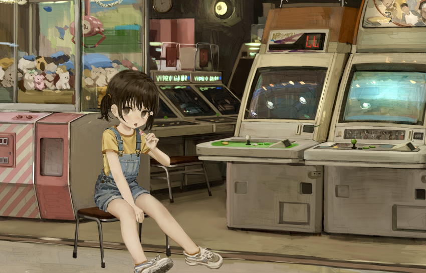 1girl absurdres arcade arcade_cabinet bangs between_legs blue_overalls brown_eyes brown_hair candy child crane_game female_child flower food hair_flower hair_ornament hand_between_legs highres holding holding_candy holding_food holding_lollipop indoors lollipop looking_at_viewer miyagawa_haruka namuta on_stool original overall_shorts overalls shirt shoes short_sleeves short_twintails sitting sneakers solo stool suspenders t-shirt tongue tongue_out twintails white_flower yellow_shirt