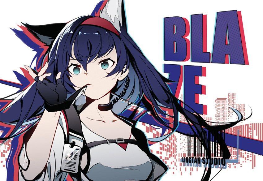 1girl adjusting_clothes adjusting_gloves animal_ears aqua_eyes arknights bangs barcode black_gloves blaze_(arknights) blue_hair breasts cat_ears character_name closed_mouth collarbone extra_ears fingerless_gloves gloves hairband headset jacket jacknavy long_hair long_sleeves looking_at_viewer medium_breasts open_clothes open_jacket red_hairband shirt solo upper_body white_jacket white_shirt