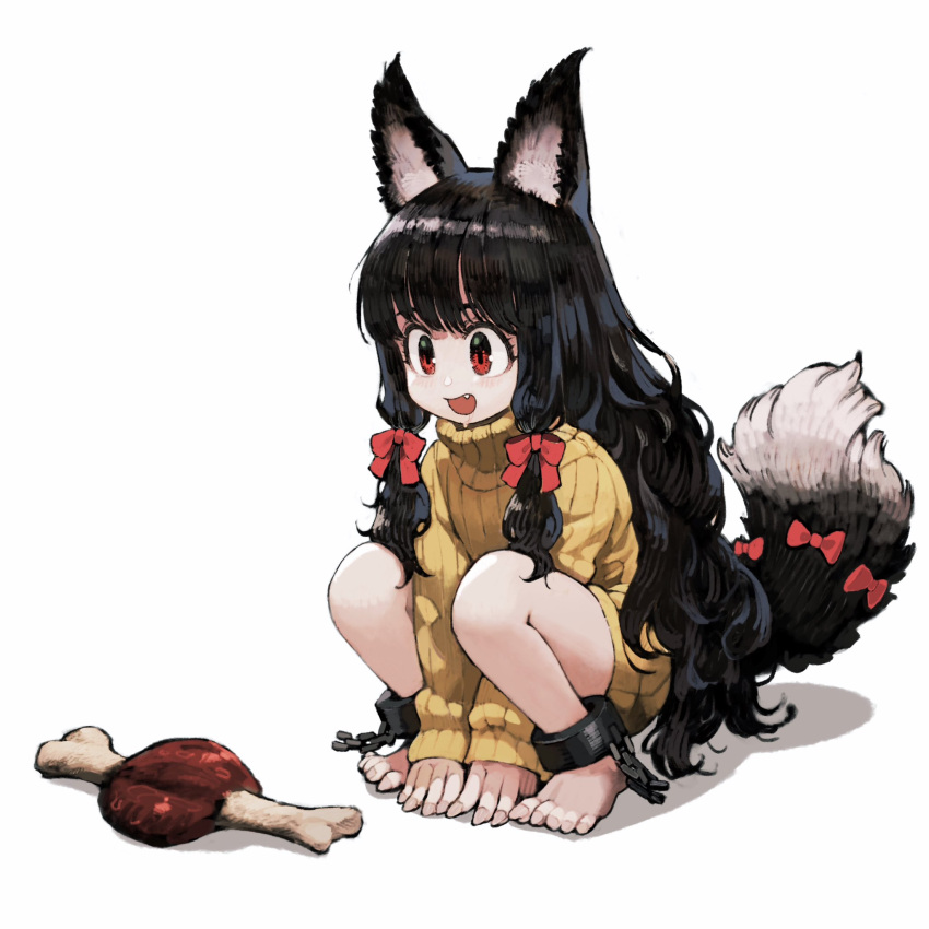 1girl all_fours animal_ear_fluff animal_ears barefoot black_hair boned_meat bow chain commentary cuffs drooling fang fingernails food hair_bow highres jun_(seojh1029) knit_sweater long_hair meat messy_hair original red_eyes shackles sharp_fingernails sharp_toenails solo squatting symbol-only_commentary tail tail_bow tail_ornament toenails white_background wolf_ears wolf_girl wolf_tail
