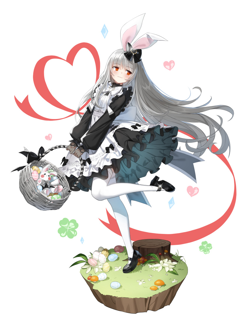 1girl :3 absurdres animal_ears apron back_bow basket black_bow black_dress black_footwear bow closers clover crystal dress easter_egg egg fake_animal_ears flower foot_up four-leaf_clover frilled_apron frilled_dress frills from_side full_body gloves grey_gloves grey_hair hair_bow heart highres holding holding_basket long_hair long_sleeves looking_to_the_side mary_janes mushroom official_art on_grass puffy_long_sleeves puffy_sleeves rabbit_ears red_eyes red_ribbon ribbon shoes short_dress solo standing standing_on_one_leg stuffed_animal stuffed_bunny stuffed_toy tachi-e thigh-highs tina_(closers) tree_stump very_long_hair white_apron white_background white_bow white_flower white_thighhighs