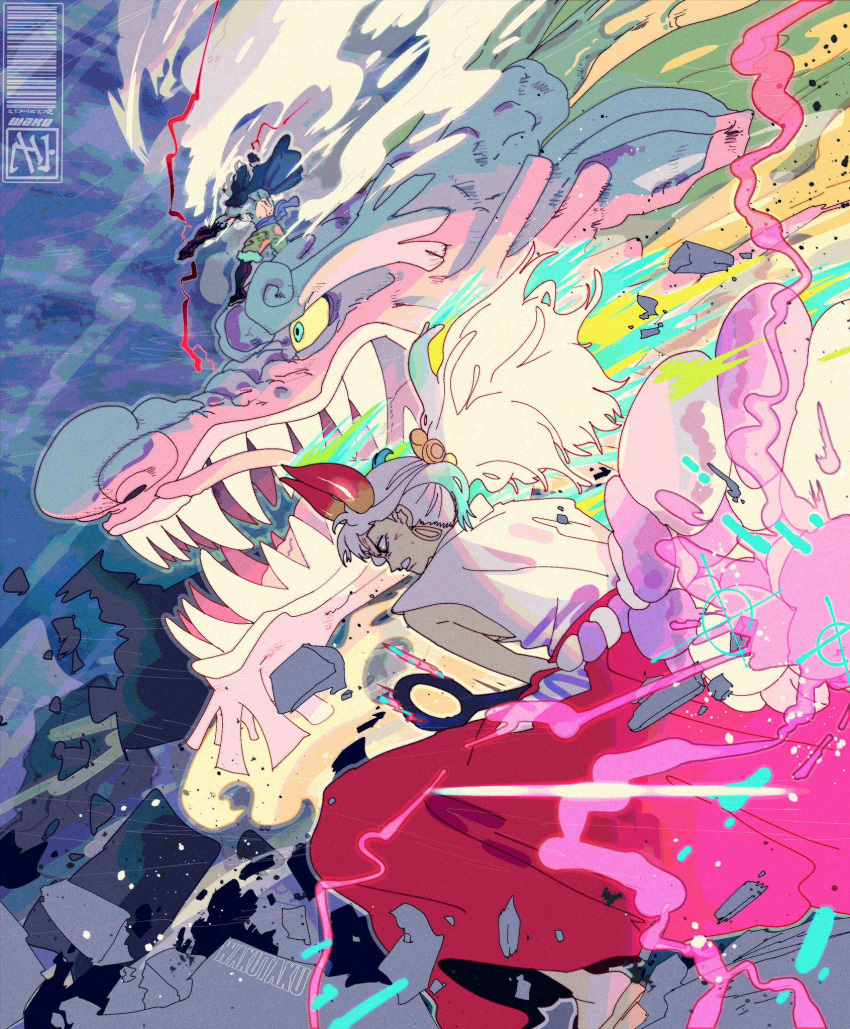 1boy 1girl alternate_form artist_logo artist_name black_hair black_skin clenched_teeth club_(weapon) colored_skin curled_horns dragon eastern_dragon fighting_stance floating_hair from_side gear_fourth green_hair hair_ornament hair_stick hakama highres holding holding_weapon horns japanese_clothes kanabou kimono long_hair momonosuke_(one_piece) monkey_d._luffy multicolored_hair multicolored_horns multicolored_skin one_piece oni red_horns riding rope sharp_teeth shirt shorts size_difference sleeveless sleeveless_kimono taku_(aywakutakuay) teeth v-shaped_eyebrows weapon white_hair yamato_(one_piece) yellow_horns
