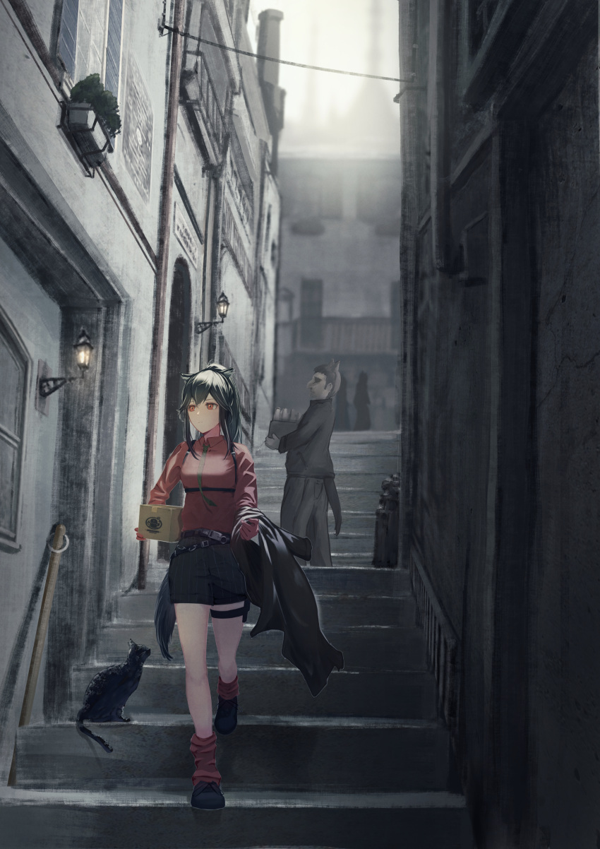 1boy 1girl absurdres alley animal_ears arknights belt black_cat black_hair black_shorts box breasts cat city closed_mouth coat coat_removed collared_shirt day frpr3284 full_body gloves highres holding holding_box holding_clothes holding_coat leg_warmers long_hair long_sleeves looking_away looking_to_the_side medium_breasts official_alternate_costume outdoors penguin_logistics_logo ponytail red_eyes red_gloves red_shirt shirt shorts stairs tail texas_(arknights) texas_(willpower)_(arknights) thigh_strap underbust walking wolf_ears wolf_girl wolf_tail